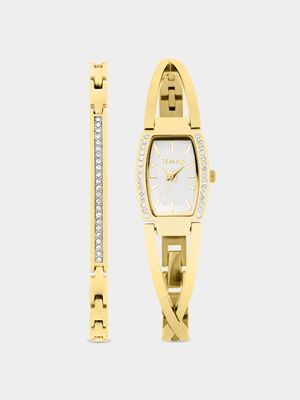 Tempo Ladies Gold Toned Bangle Watch & Bracelet Set