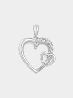 Sterling Silver Cubic Zirconia Heart On Heart Pendant Off Chain