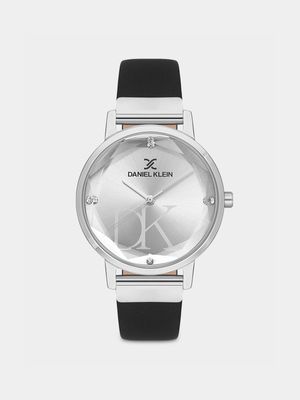 Daniel Klein Silver Plated Silver Dial Black Leather Watch