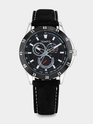 Tempo Black Plated Black Dial Black Leather Watch