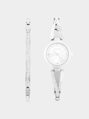 Tempo Ladies Silver Plated Bangle Watch & Bracelet Set