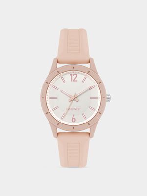 Nine West Women's Silver Dial & Pink Round Silicone Watch