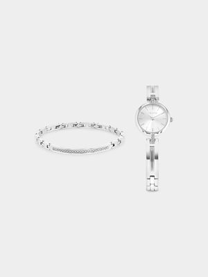 Tempo Women’s Silver Plated Round Bracelet Watch & Bracelet Set