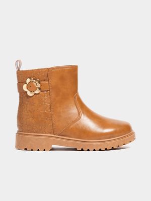 Younger Girl's Tan Flower Buckle Chelsea Boots