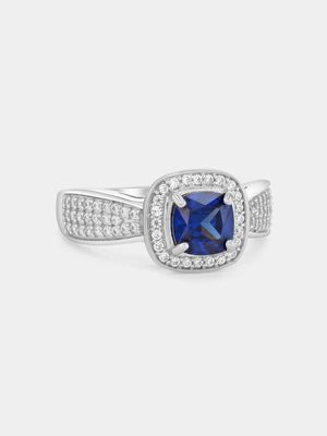 Sterling Silver Sapphire Blue Cubic Zirconia Cushion Halo Ring