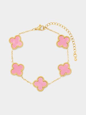 18ct Gold Plated Stainless Steel Pink Clover Bracelet