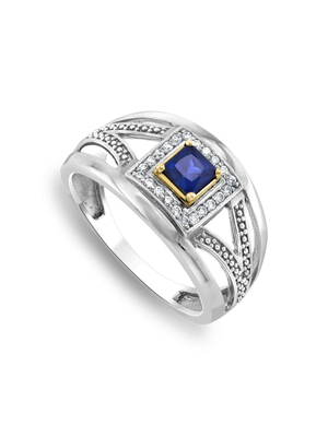 Sterling Silver  & Yellow Gold, Cubic Zirconia  Blue Square Halo Ring