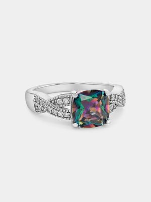 Sterling Silver Multicolour Cubic Zirconia Cushion Twist Ring