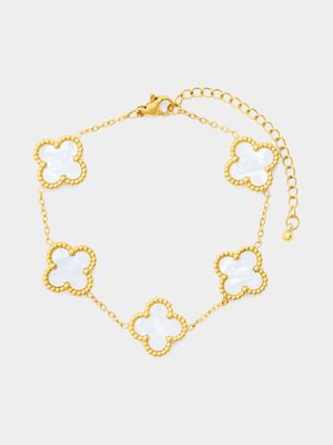 18ct Gold Plated Stainless Steel White Clover Bracelet