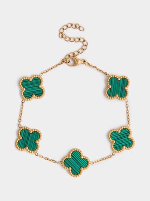 18ct Gold Plated Stainless Steel Green Clover Bracelet