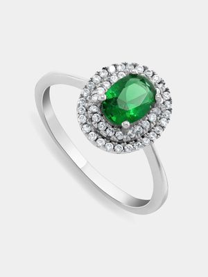 Sterling Silver Green Cubic Zirconia Double Halo Women’s Ring
