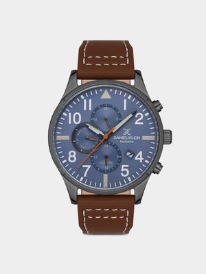 Daniel Klein Men's Blue Dial Brown Leather Chronograph Watch