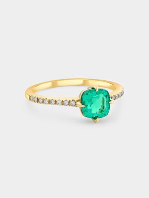 Yellow Gold Lab Grown Emerald & Moissanite Women’s Cushion Ring