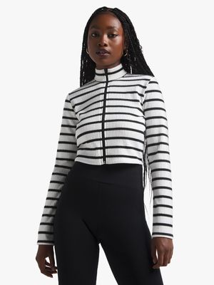 Women's Black & White Stripe Zip Up Top