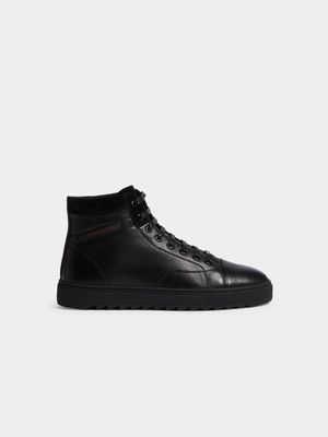 Fabiani Men's Tumbled Leather Black High Top Sneakers