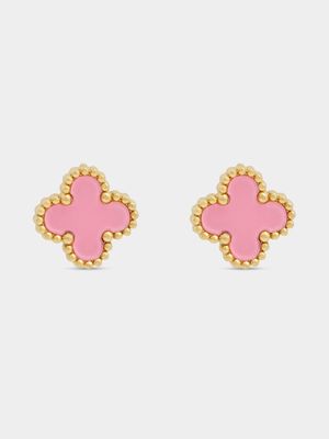 18ct Gold Plated Stainless Steel Pink Clover Stud Earrings