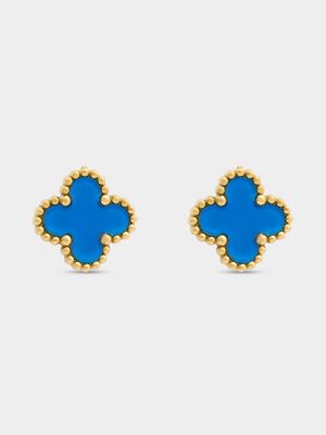 18ct Gold Plated Stainless Steel Blue Clover Stud Earrings