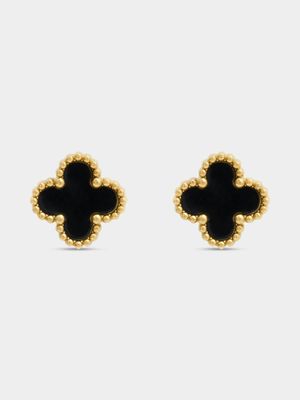 18ct Gold Plated Stainless Steel Black Clover Stud Earrings