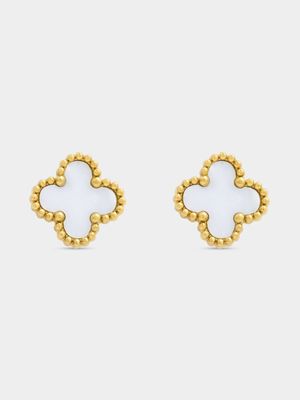 18ct Gold Plated Stainless Steel White Clover Stud Earrings