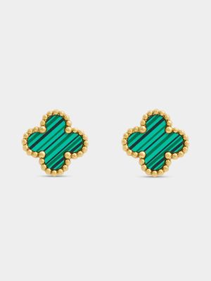 18ct Gold Plated Stainless Steel Green Clover Stud Earrings
