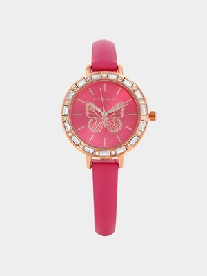 Minx Rose Plated Butterfly Dial Pink Leather Watch