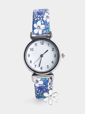 Girl's Blue Flower Print Watch