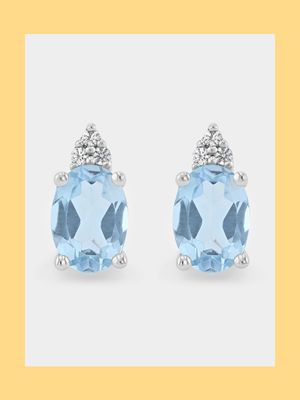 Sterling Silver Diamond & Sky Blue Topaz Oval Stud Earrings