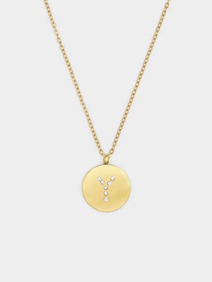 18ct Gold Plated Waterproof Stainless Steel CZ Y Initial on Disk Pendant
