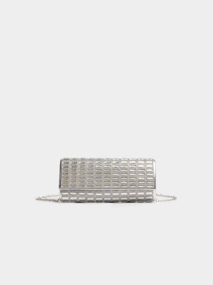 Silver Embellished Clutch Bag with Chain Strap