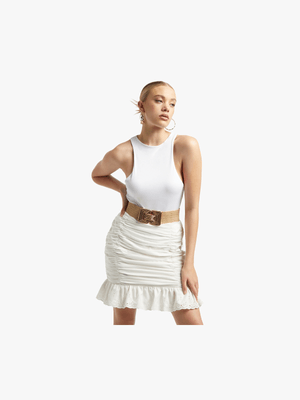 Women's White Front Ruched Mini Skirt
