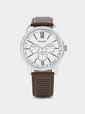 Tempo Men’s Silver Plated Beige Dial Brown Leather Watch
