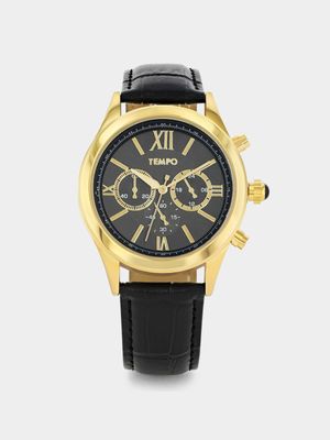 Tempo Men’s Gold Plated Black Leather Watch
