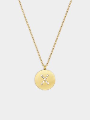 18ct Gold Plated Waterproof Stainless Steel CZ X Initial on Disk Pendant