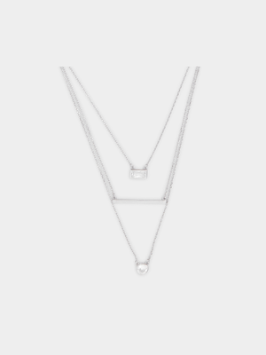 Sterling Silver 3 Layer CZ & Bar Necklace