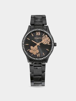 Tempo Ladies Black Tone Watch with Rose Gold Floral Detail and Crystals