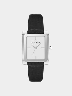 Anne Klein Silver Plated Rectangular Black Leather Watch