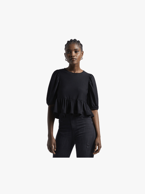 Women's Black Boxy with Puff Sleeve Detail Top
