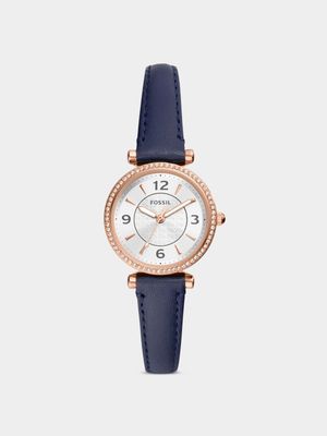 Fossil Carlie Rose Plated Stainless Steel Navy Leather Watch