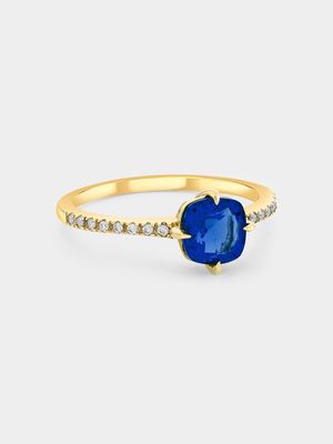 Yellow Gold Lab Grown Blue Sapphire & Moissanite Women’s Cushion Ring