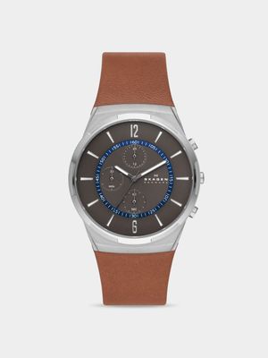 Skagen Men's Melbye Chronograph Silver Plated Stainless Steel & Brown Leather Watch