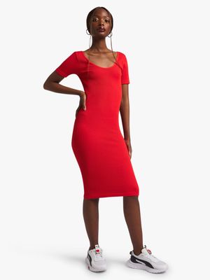 Women's Red Seamless Scoop Neck Dress