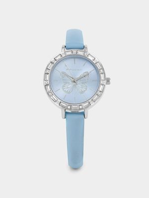Minx Silver Plated Butterfly Dial Blue Faux Leather Watch