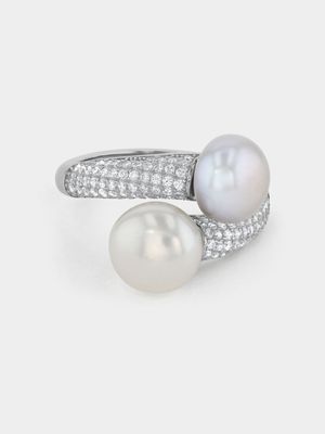 Sterling Silver Grey & White Freshwater Pearl Pavé Wrap Women’s Ring