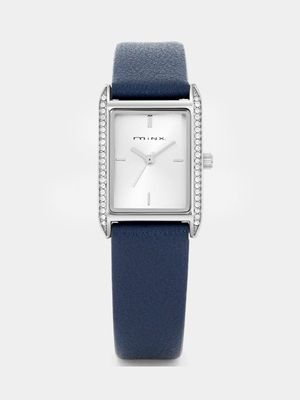 Minx Women’s Silver Plated Rectangle Blue Faux Leather Watch