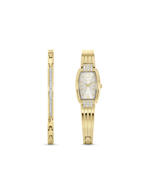 Tempo Gold Tone Tonneau Shape Bangle Watch 2 Piece Set