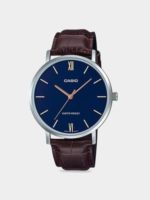 Casio Men's Blue Dial Brown Leather Watch