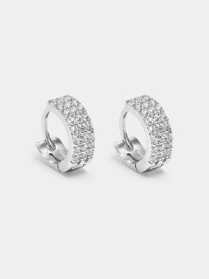 Rhodium plated Pavè Huggie with  CZ's Earrings