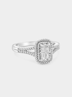 White Gold Diamond & Created Sapphire Rectangle Halo Ring