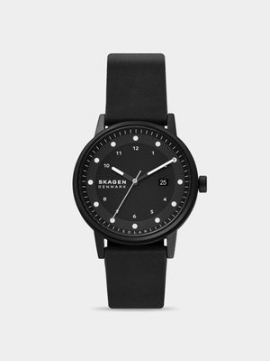 Skagen Men's Henriksen Black Plated Stainless Steel Leather Watch