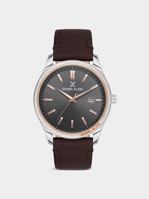 Daniel Klein Silver Plated Black Dial Brown Leather Watch